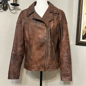 Black Rivet Women’s XL Brown Distressed Leather Cross Zipper Moto Biker Jacket